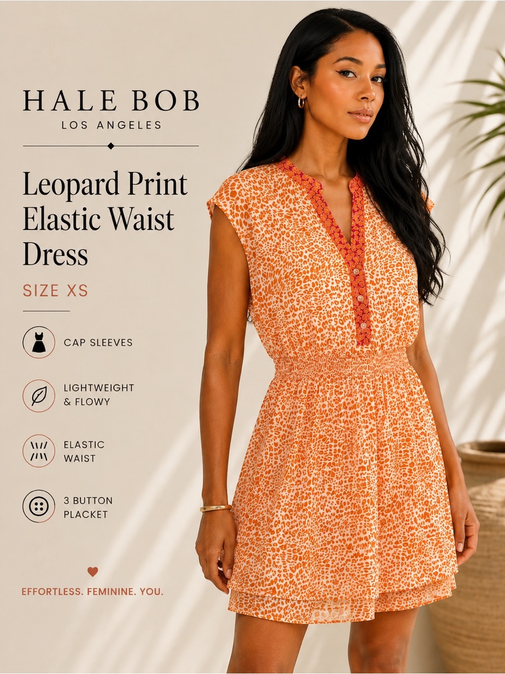 Hale Bob Orange Leopard Print Elastic Waist Double Layer Hem Mini Dress XS